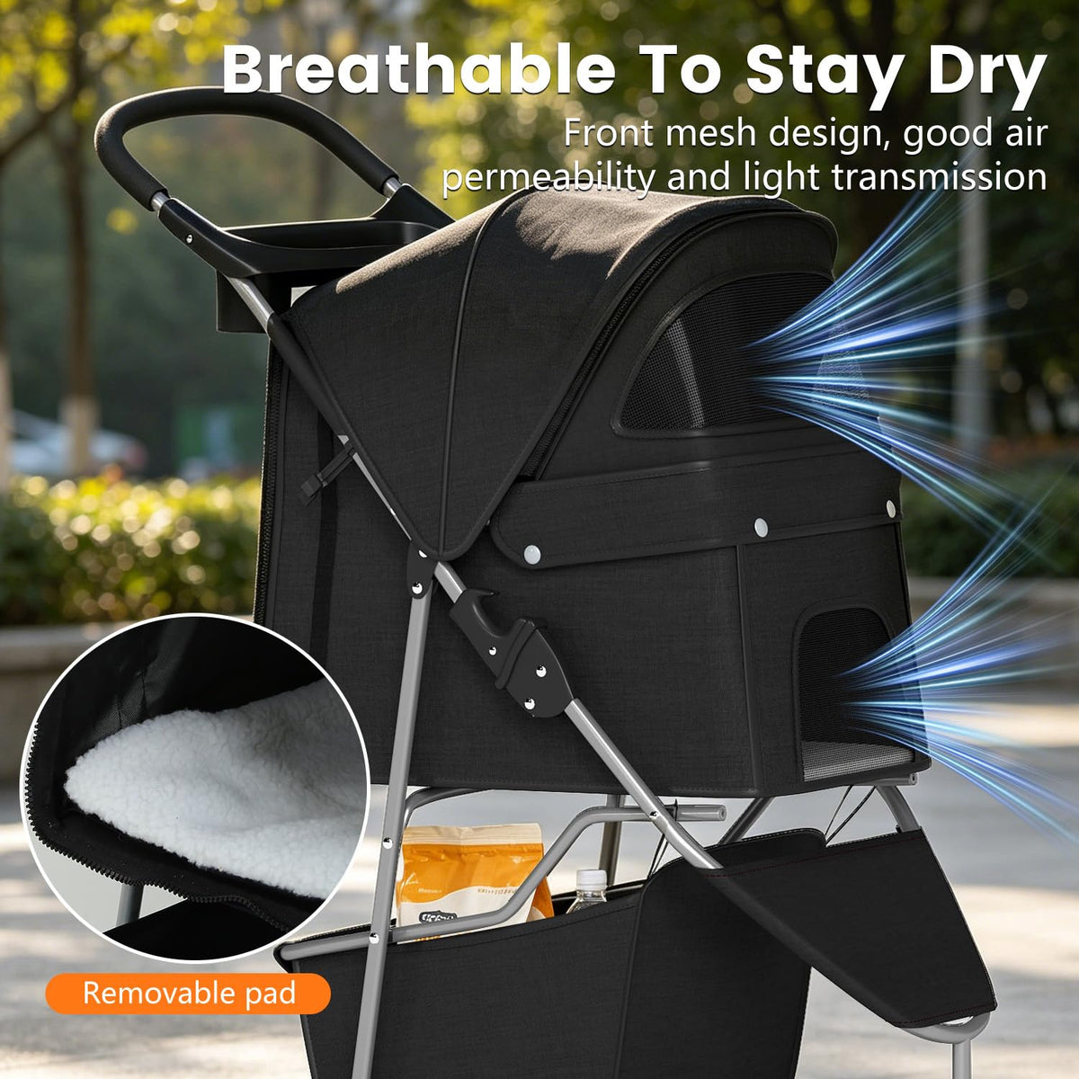 | 3-Wheel Pet Stroller | Dog and Cat Stroller | Breathable Mesh | Lightweight Travel Carrier | Waterproof & Foldable Design | Storage Basket | Black | for Daily Walks & Outdoor Use