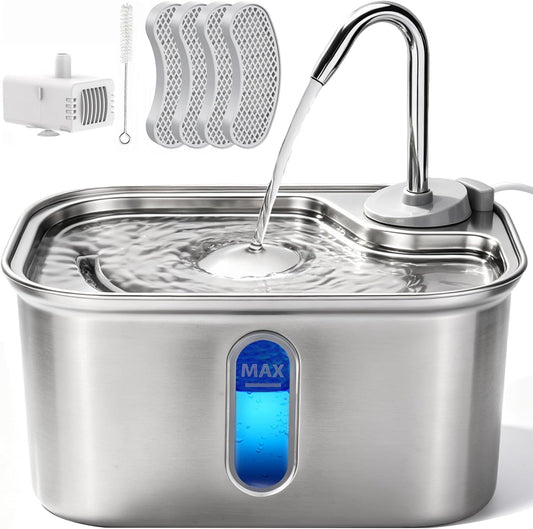Cat Water Fountain Stainless Steel for Cats Indoor 2.5L 85Oz by Bpa-Free SUS304, Effective 6-Layer Filter Cat Fountain for Drinking 15Db Ultra Quiet Metal Pet Water Fountain (Fountain+4 Filters)