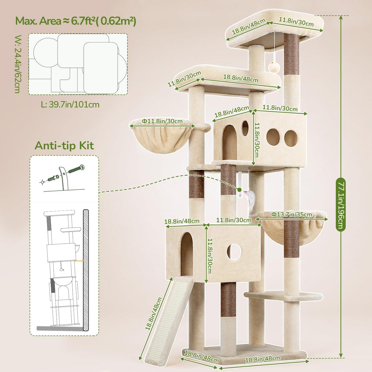 Tall Cat Tower Extra Large Cat Tree House, S77D, Beige