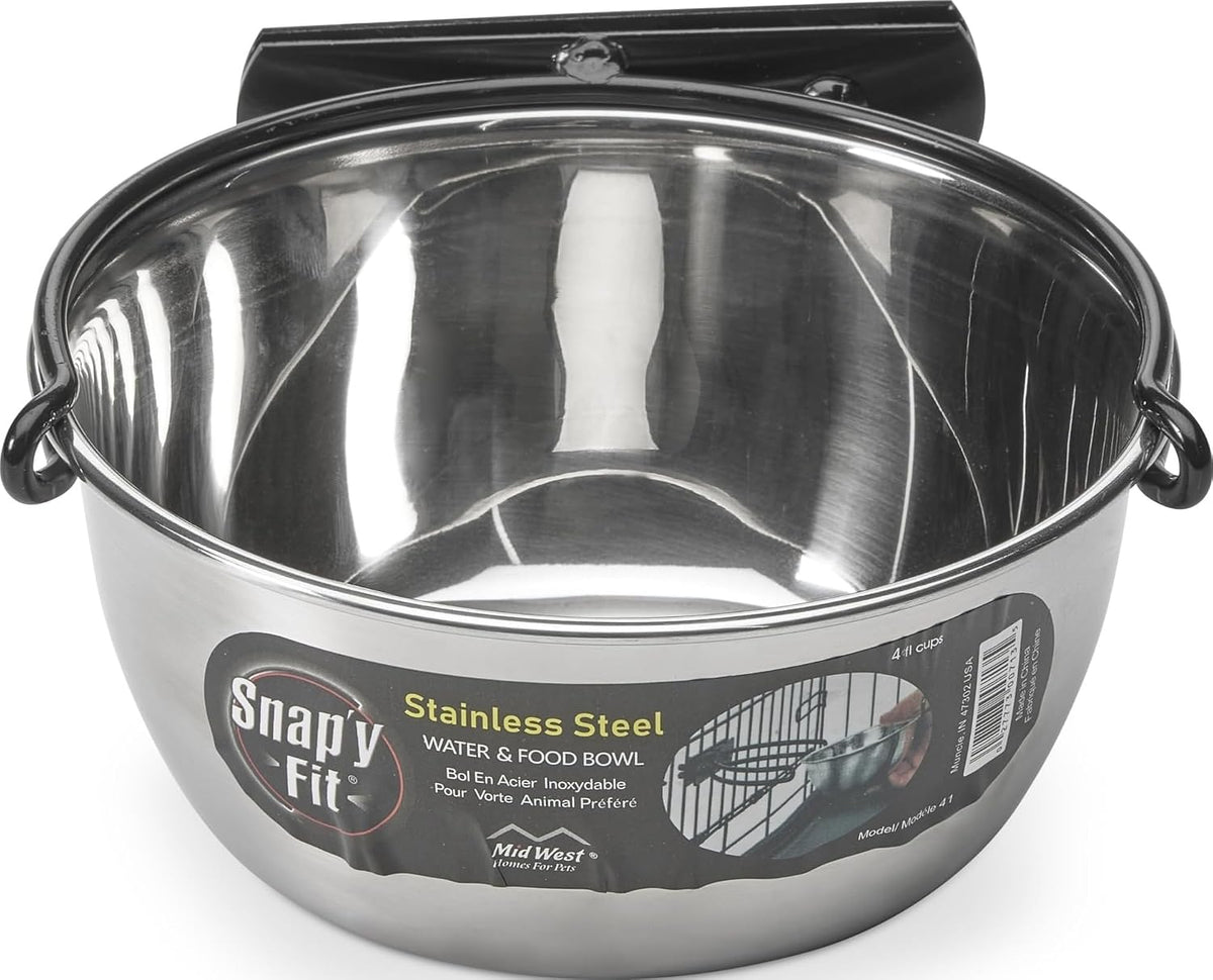 Snap'Y Fit Stainless Steel Food or Water Bowl, Holds 1 Quart, Mounts to Wire Crates, No-Tip Design, Rust-Resistant, for Dogs and Cats