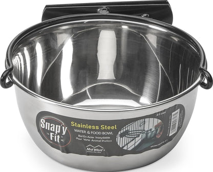 Snap'Y Fit Stainless Steel Food or Water Bowl, Holds 1 Quart, Mounts to Wire Crates, No-Tip Design, Rust-Resistant, for Dogs and Cats