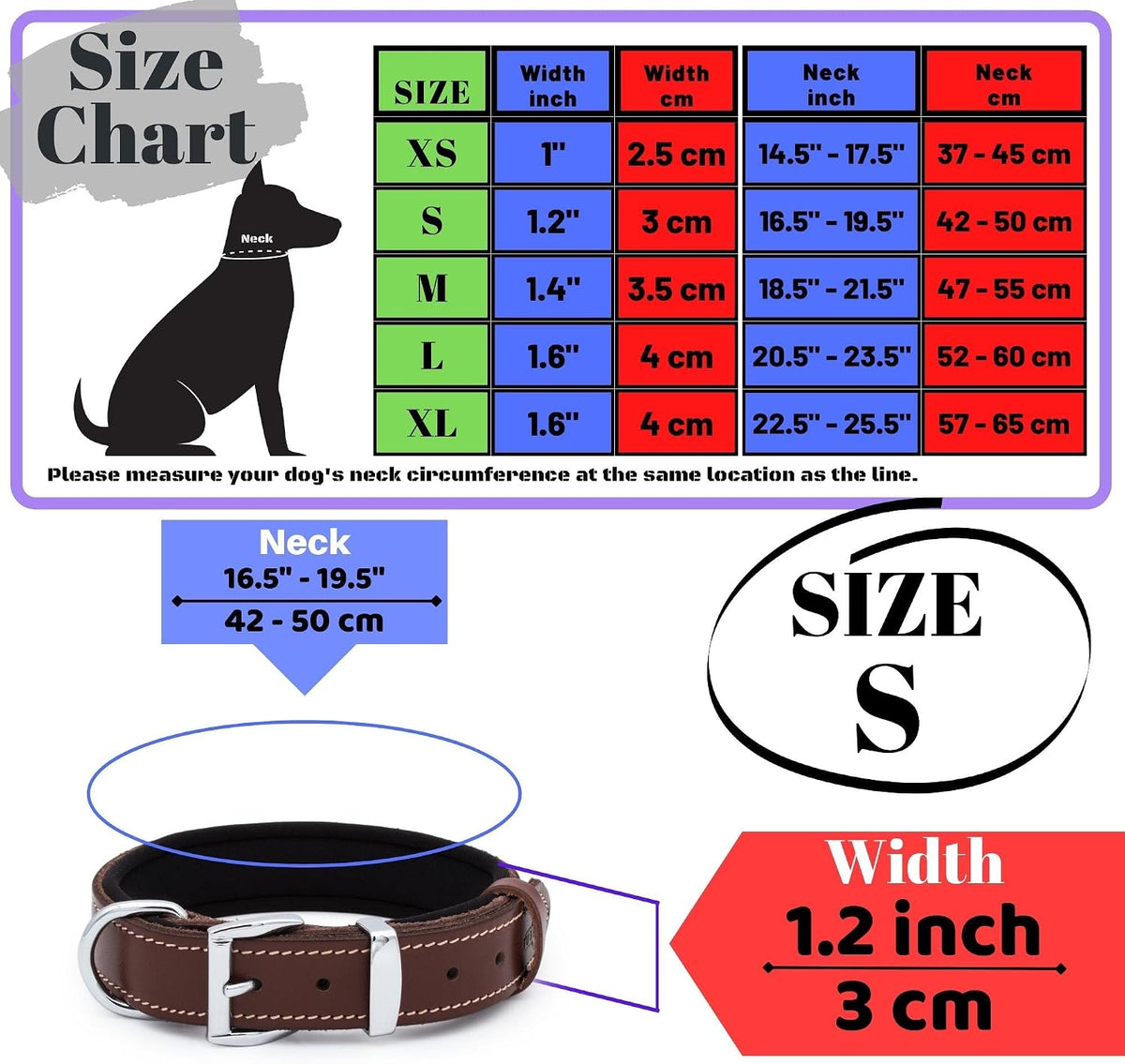 Vegetable-Tanned Leather Dog Collar for Large Dogs - Heavy Duty and Luxury Design Dog Collars (S: 1.2” Wide for 16.5”-19.5” Neck, Brown)