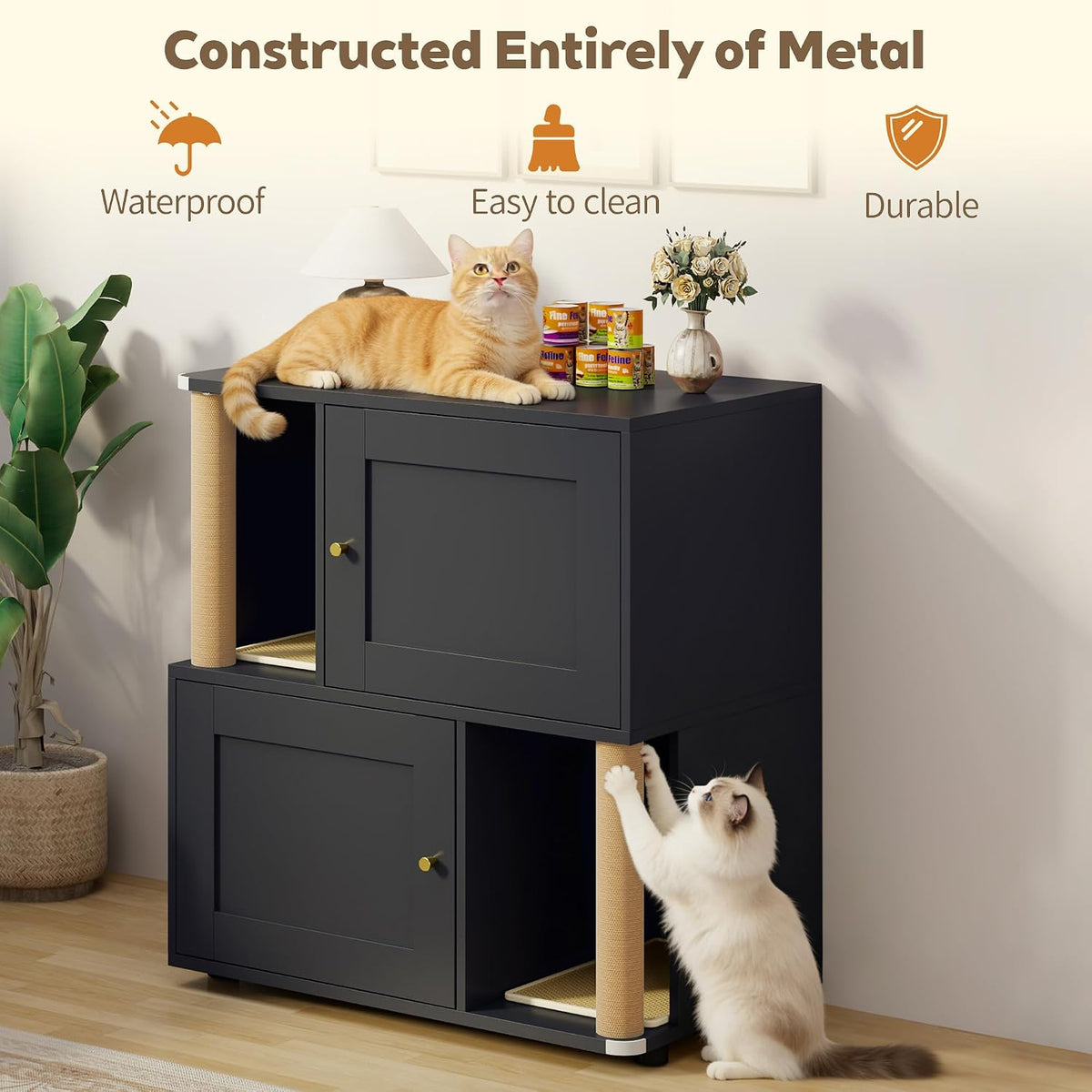 Double Cat Litter Box Enclosure, Litter Box Cabinet for 2 Cats, Hidden Cat Litter Box Furniture, Dog-Proof Litter Box Enclosure with Cats Scratching Post, Suitable for Most Litter Boxes