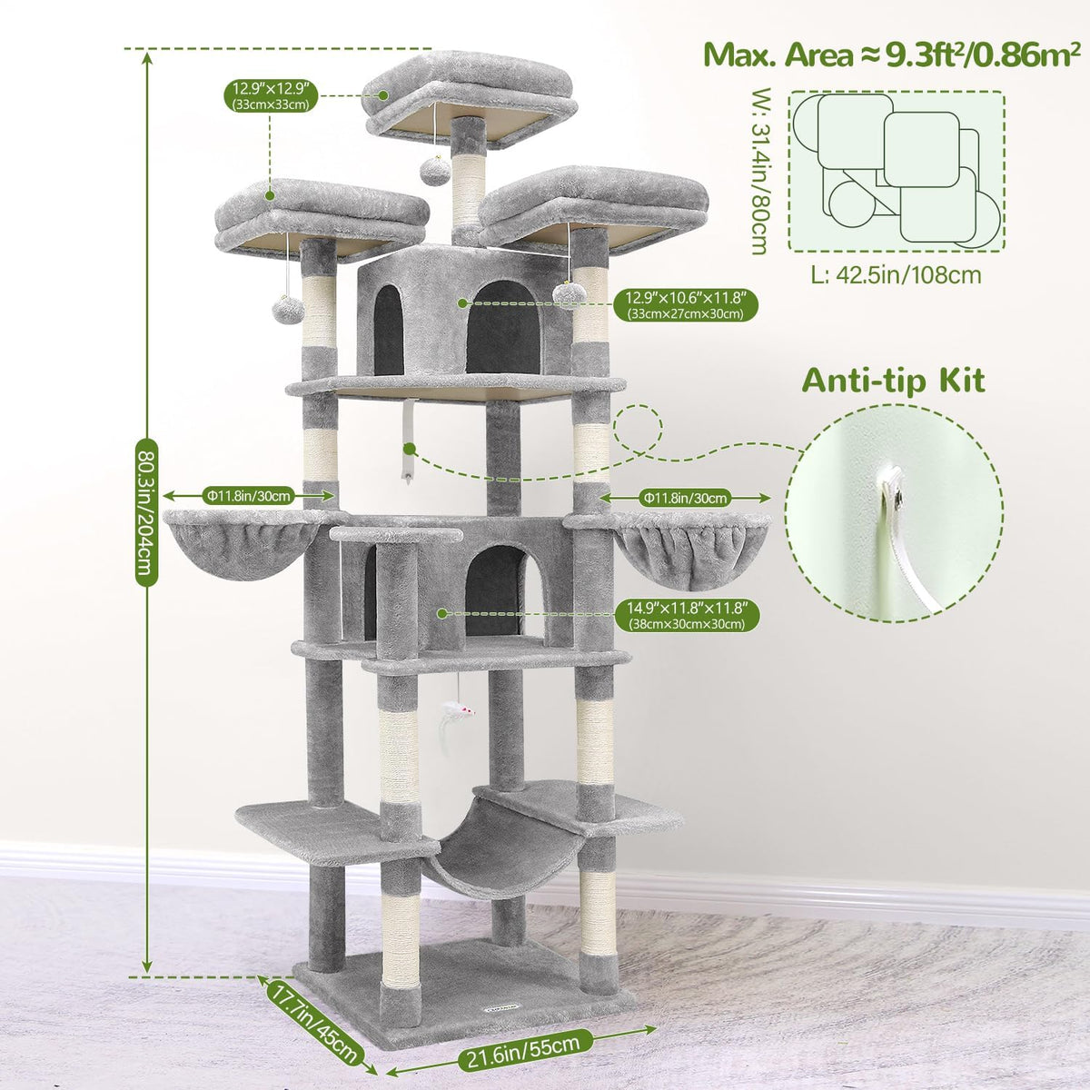 Big XXL Cat Tower for Indoor Multiple Cats, F80, Light Grey