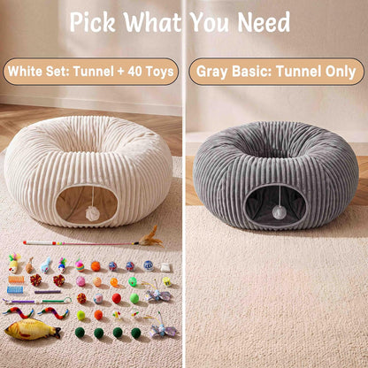 Cat Tunnel Bed with 40 Pcs Interactive Cat Toys, White