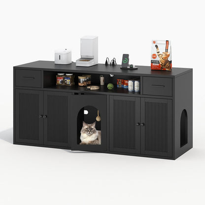 Cat Litter Box Enclosure, Litter Box Furniture for 2 Cats, Litter Box Enclosure with Socket for Living Room (Black)