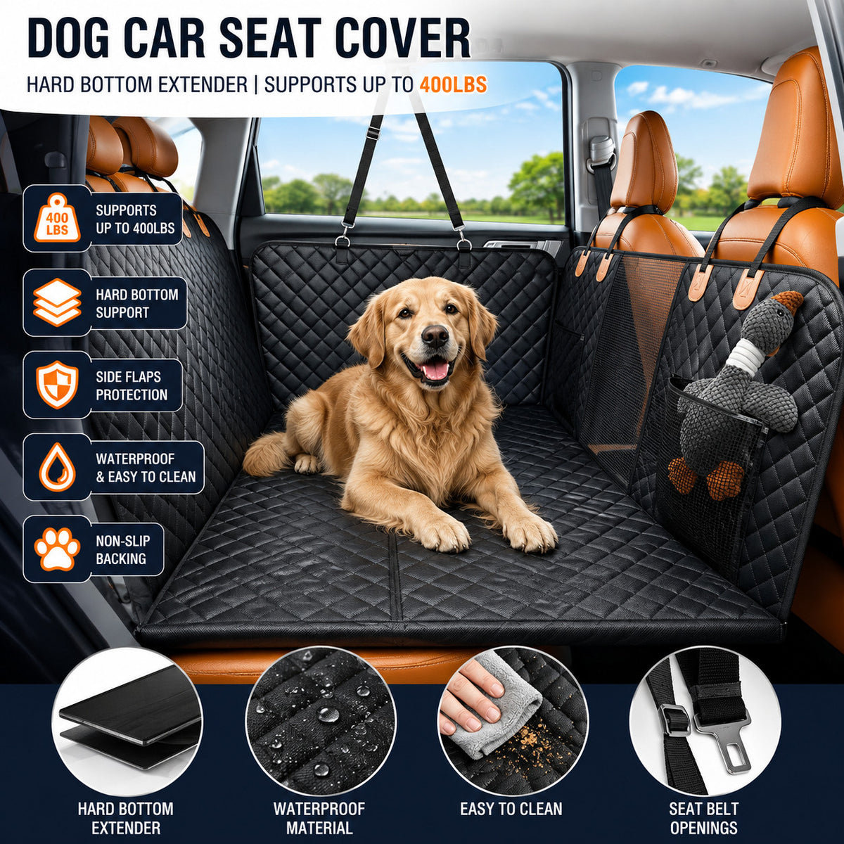 Dog Car Seat Cover Back Hard Bottom Extender for Dogs Supports 400LBS Pet USA