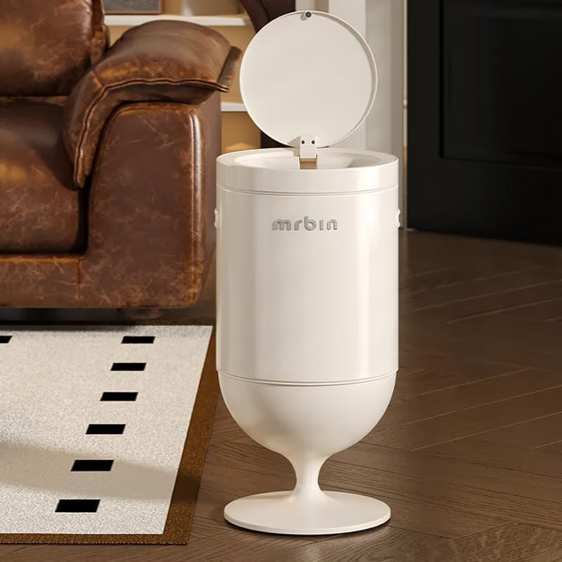 Metal Bathroom Motion Sensor Trash Can with Lid, 5.3 Gallon Wine Glass Shaped Automatic Waste Basket Touchless, Smart round Tall Garbage with High Leg for Office, Bedroom, Kitchen, Cream White