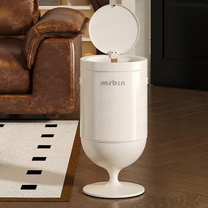 Metal Bathroom Motion Sensor Trash Can with Lid, 5.3 Gallon Wine Glass Shaped Automatic Waste Basket Touchless, Smart round Tall Garbage with High Leg for Office, Bedroom, Kitchen, Cream White