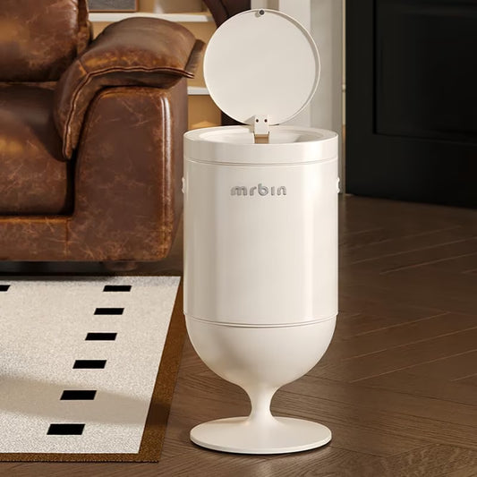 Metal Bathroom Motion Sensor Trash Can with Lid, 5.3 Gallon Wine Glass Shaped Automatic Waste Basket Touchless, Smart round Tall Garbage with High Leg for Office, Bedroom, Kitchen, Cream White