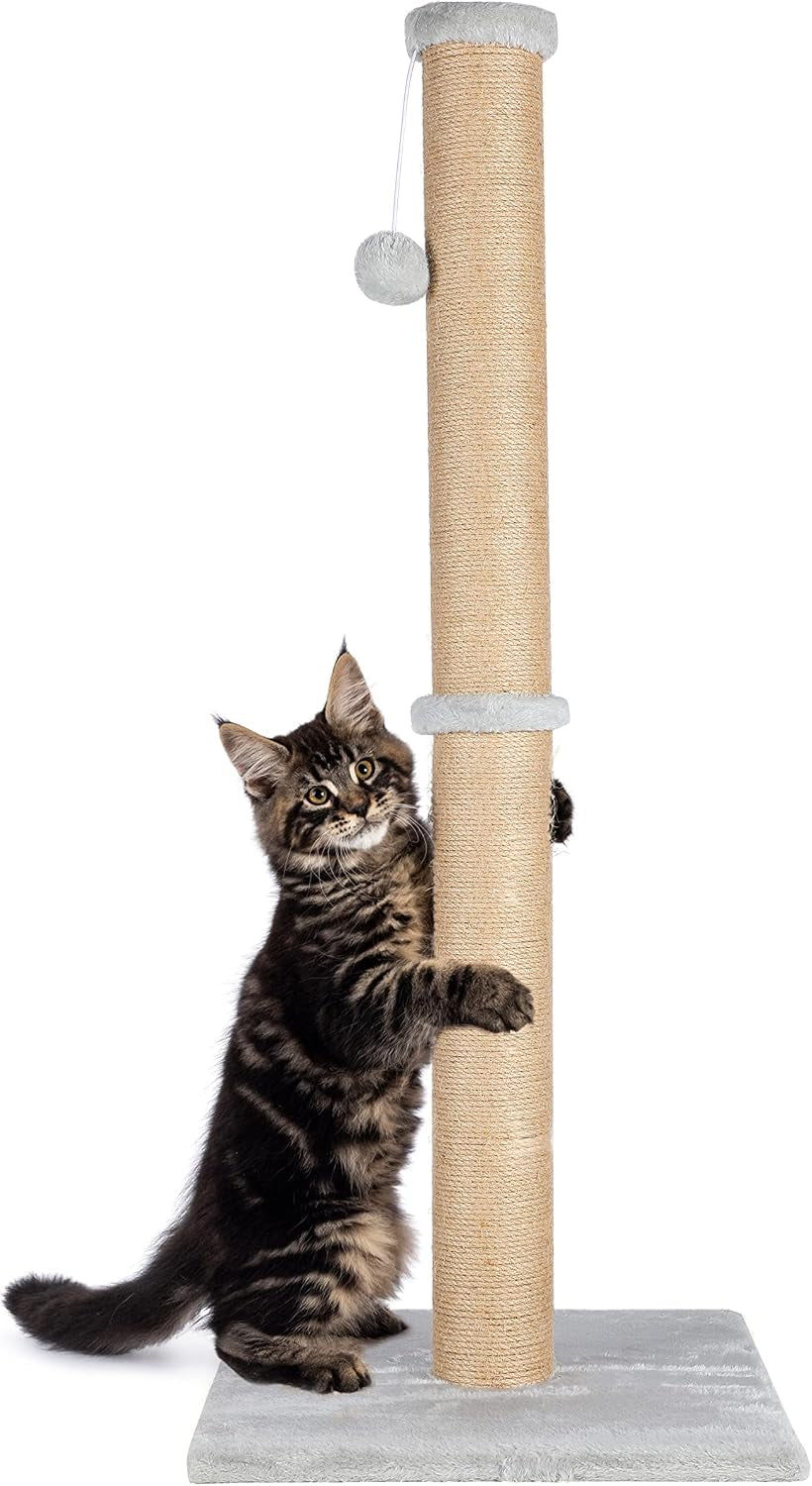 37'' Cat Scratching Post, Natural Sisal Rope Scratcher with Dangling Teaser Ball and Covered with Soft Plush for Kittens and Adult Cats, Sand Color