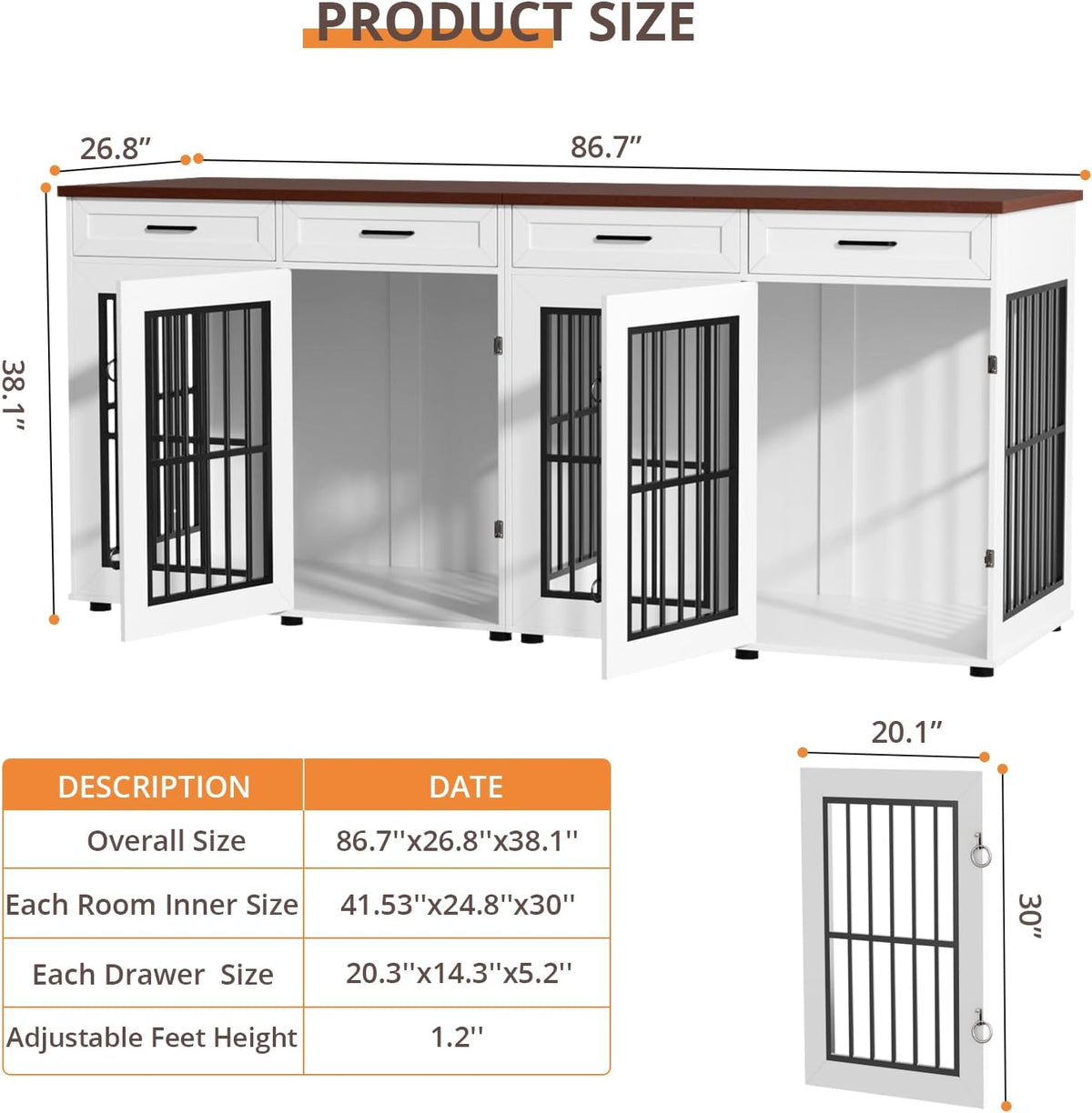 87" Dog Crate Furniture for 2 Dogs, Double Dog Cage Furniture, White