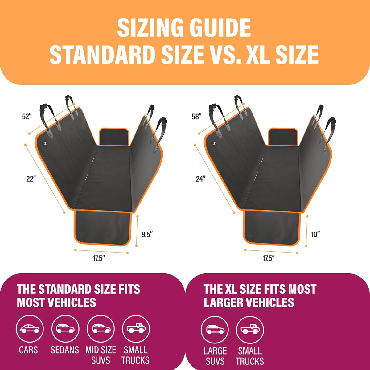 Waterproof Hammock Standard Car Seat Cover, Fits Sedans Hatchbacks Crossovers Coupes Compact Vehicles, Secure Convertible Travel Bed Protects Backseat Cargo from Dogs, Black W/Orange Trim