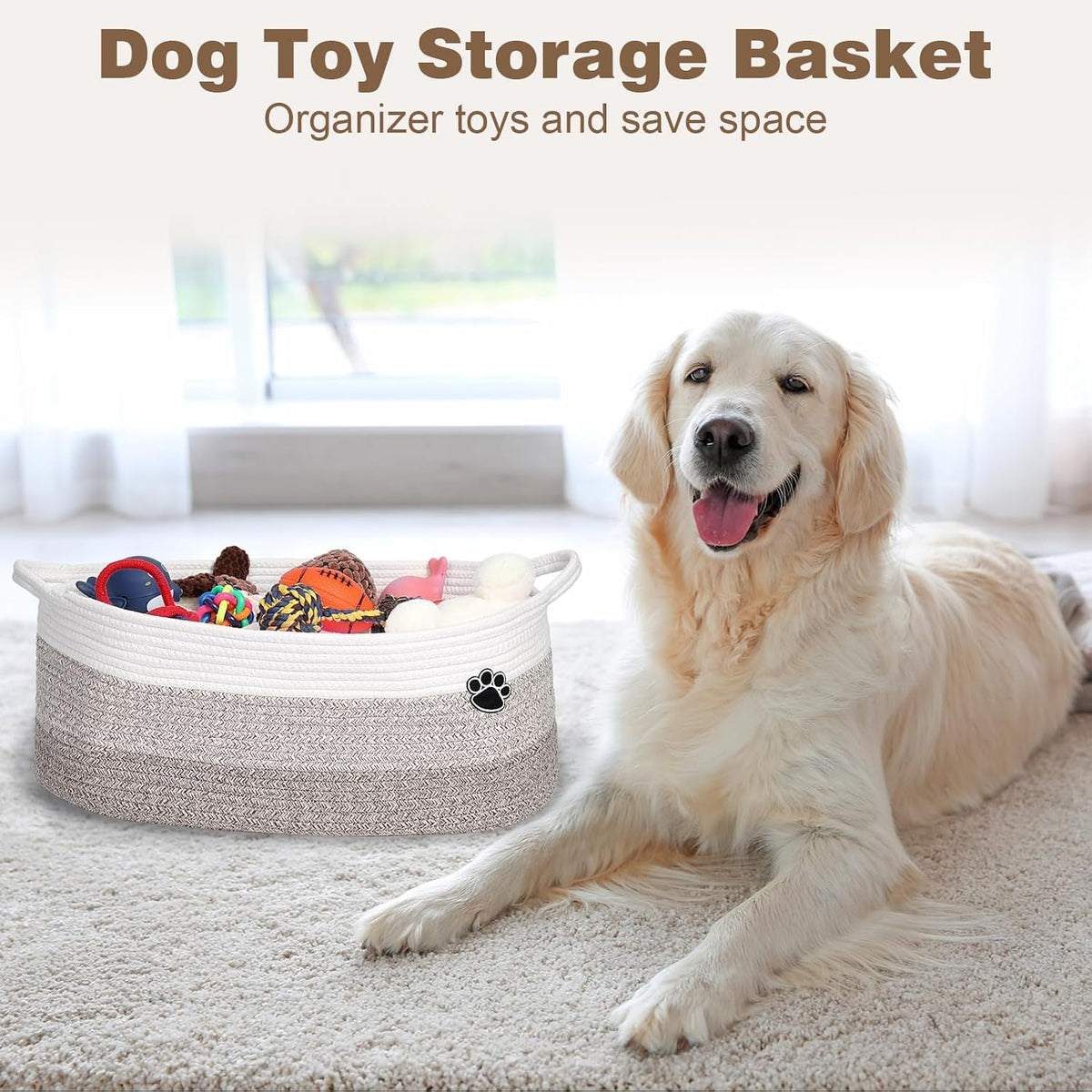 Dog Toy Basket, 30L Toy Box and Bin for Dog Cat Storage, 19.7" X 11" X 7.9" Large Woven Rope Basket for Blanket Storage, Living Room, Bedroom, White & Brown