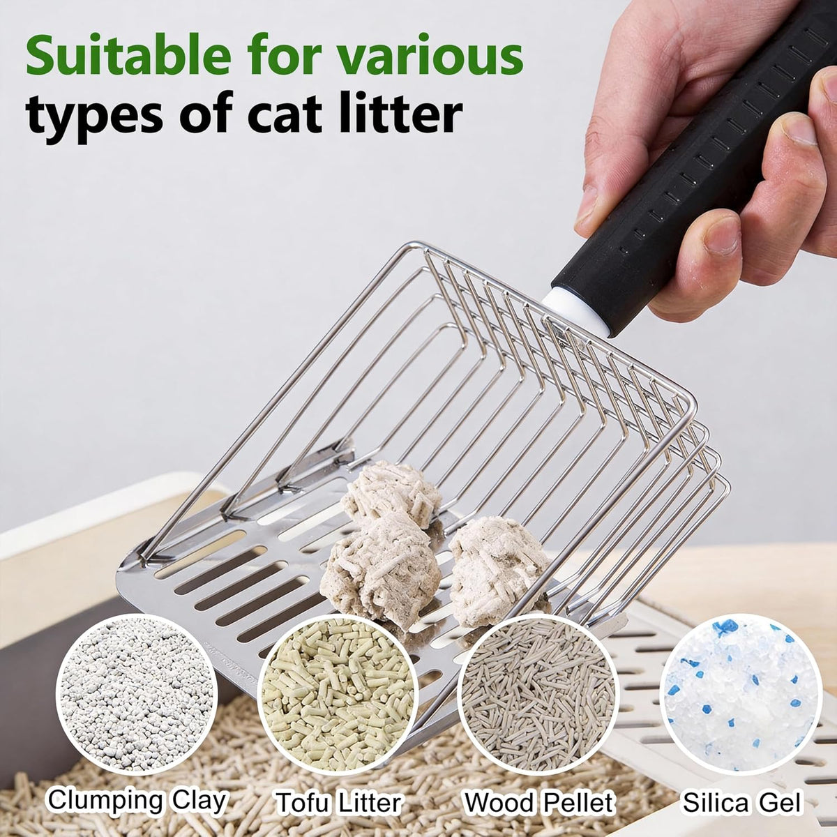 [2026 Version] 304 Stainless Steel Cat Litter Scooper with Holder, Efficient Metal Cat Litter Scoop，Heavy Cat Pooper Scooper, Kitty Litter Box Scooper-Perfect Cat Scooper for Litter Box Cleaning