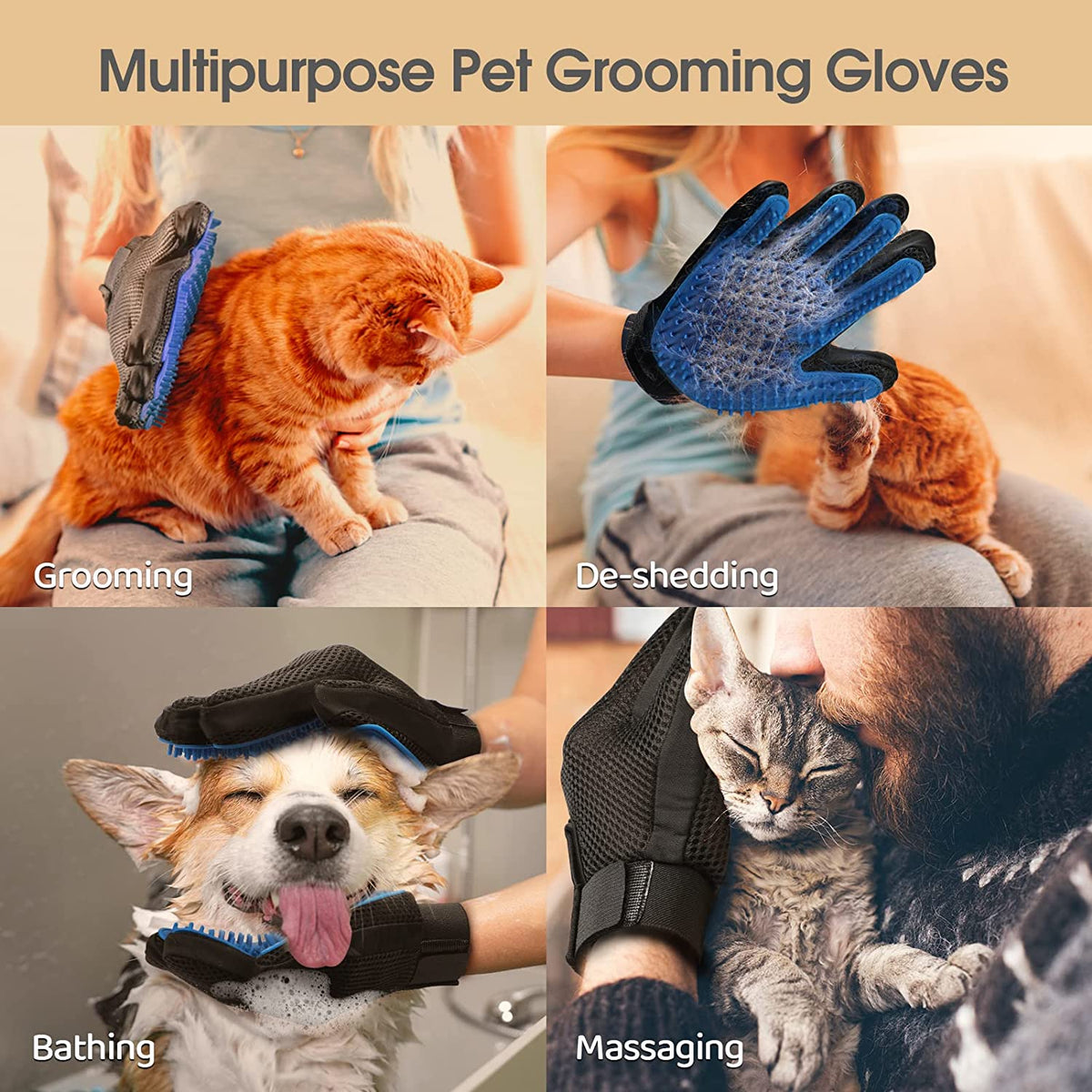Pet Hair Removal Glove with 255 Silicone Tips for Dogs & Cats, 1 Pair Blue | 2-In-1 Deshedding & Massage Mitt, 5-Finger Flexible Design, for Bathing & Grooming, Safe for Long/Short/Curly Hair Pets