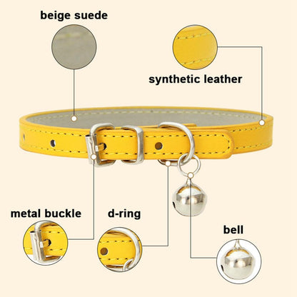 Orange XS Cat Collar with Bell, Leather XXS Puppy Dog Collars X-Small