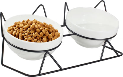Elevated Tilted Cat Bowls for Indoor Cats，Raised Ceramic Cat Bowl Elevated 15°,Pet Feeding Bowls for Food and Water anti Vomiting Bowl(Double Ceramics and Tilt Shelf) Suitable