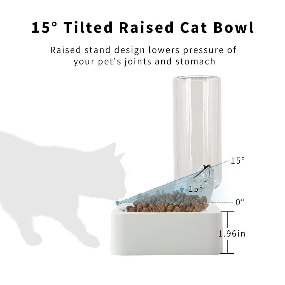Tilted Raised Cat Food Bowl and Gravity Water Bottle, Elevated Cat Dish with Non-Slip Feeding Mat for Cats Kitten