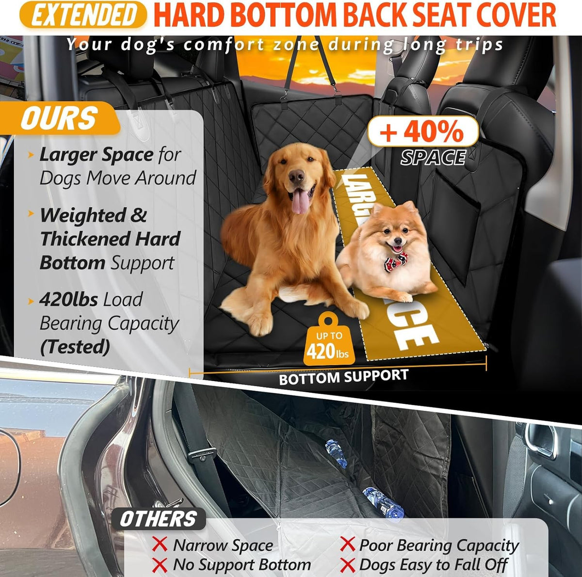 Waterproof Dog Back Seat Extender Hard Bottom Hammock Pet Bed for Car SUV Truck