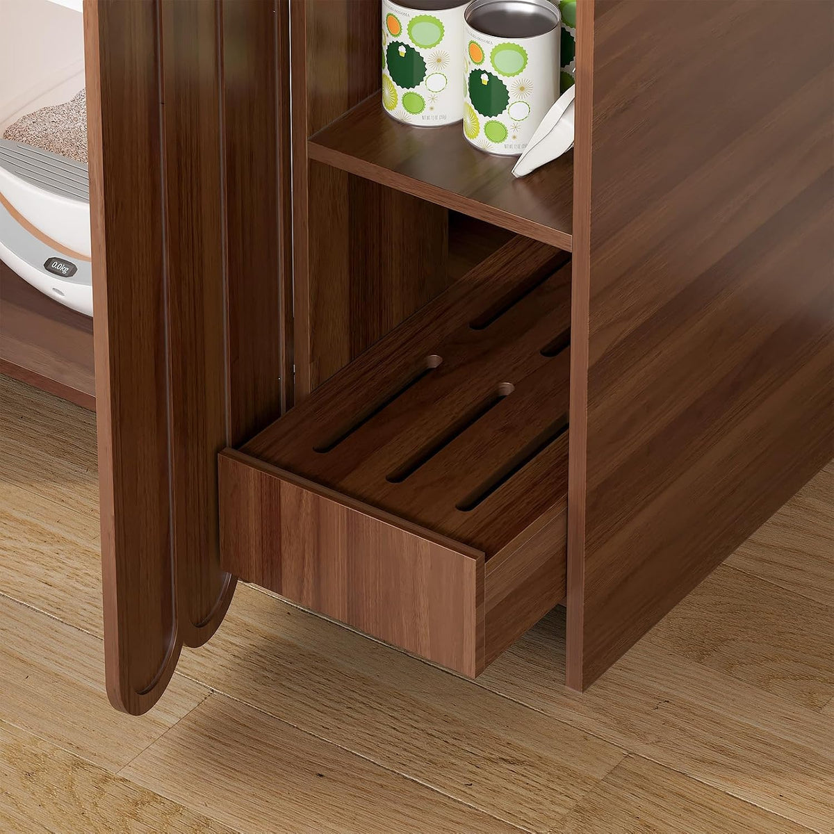 Large Litter Box Enclosure with Litter Collector, Hidden Litter Box Furniture for Automatic Litter Box, Cat Robot 3/4, Dog Proof Litter Box Cabinet, Side Table, Walnut