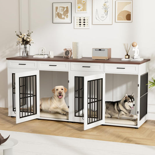 87" Dog Crate Furniture for 2 Dogs, Double Dog Cage Furniture, White