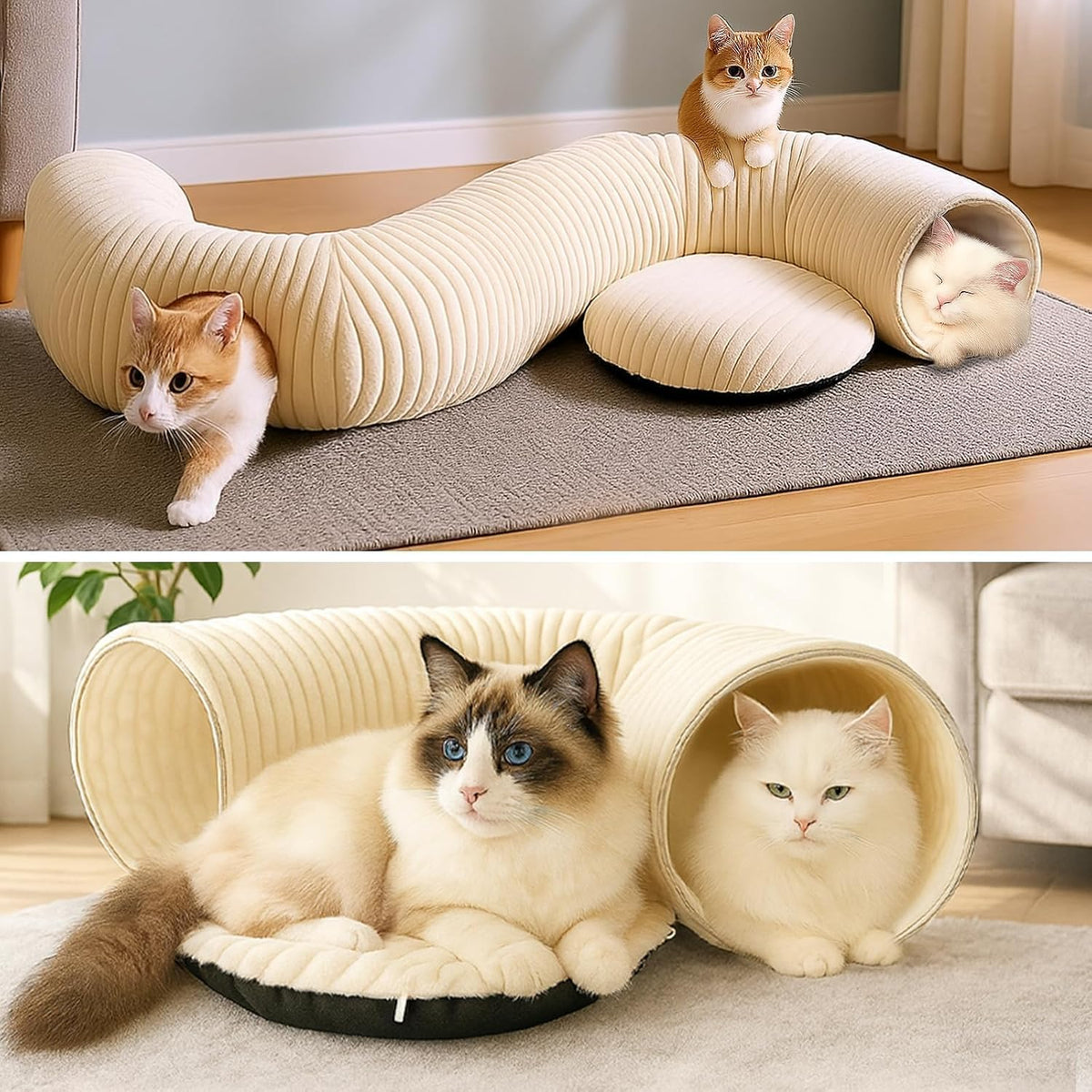 Cat Tunnel Bed with 40 Pcs Interactive Cat Toys, White