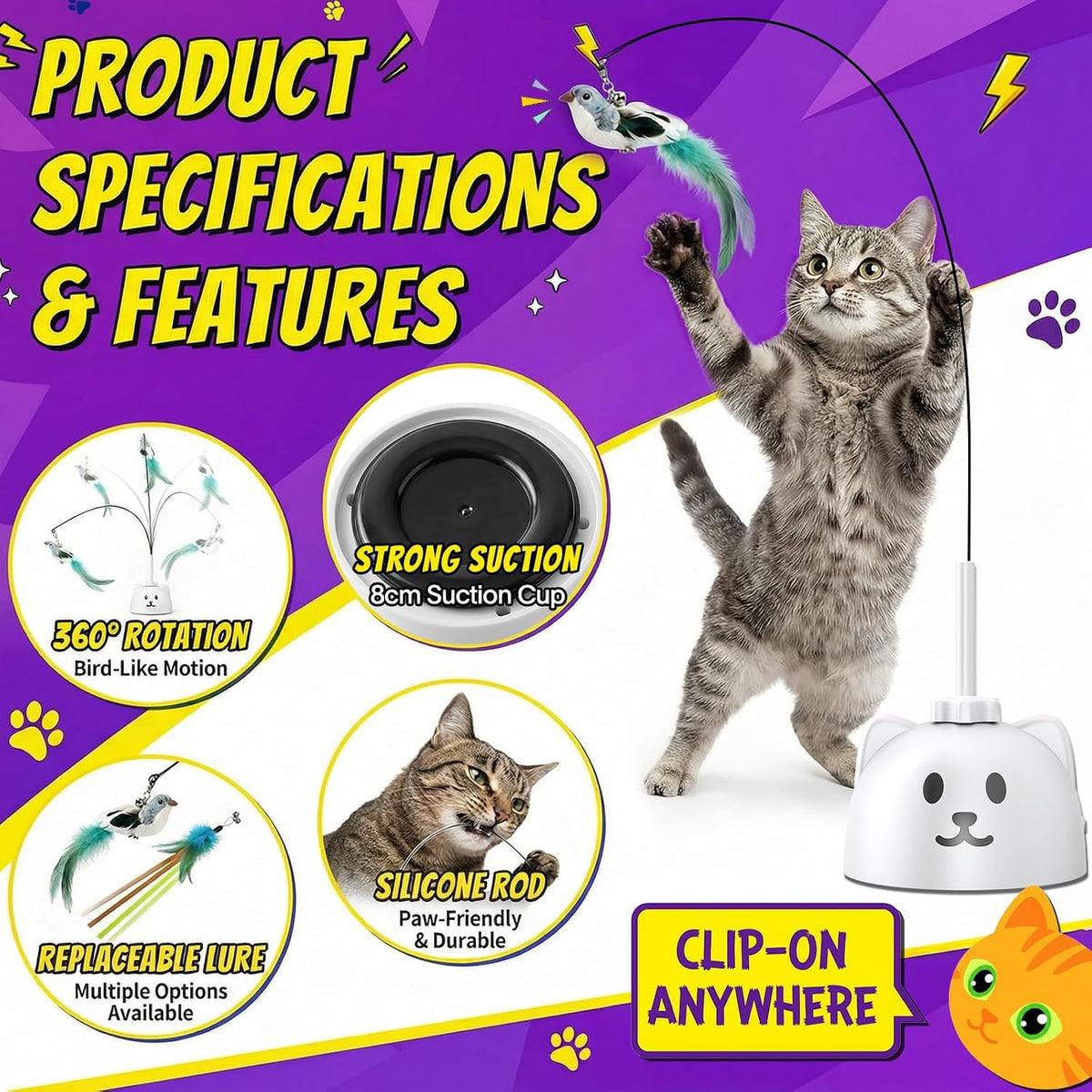 Interactive Cat Toys for Indoor Cats, 360° Automatic Spin Flying Bird Wand