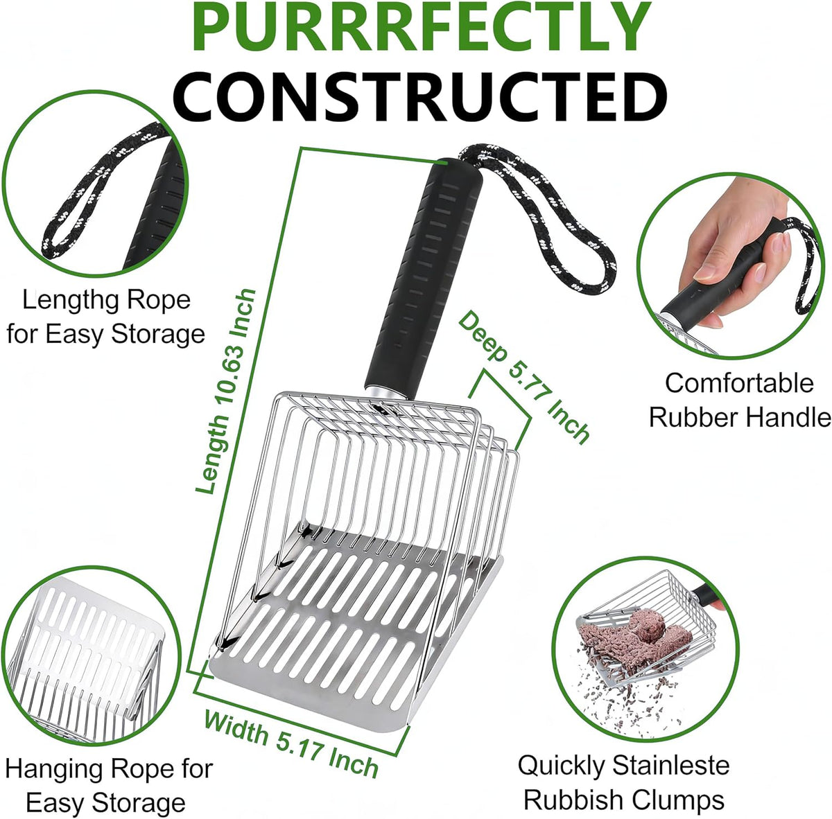[2026 Version] 304 Stainless Steel Cat Litter Scooper with Holder, Efficient Metal Cat Litter Scoop，Heavy Cat Pooper Scooper, Kitty Litter Box Scooper-Perfect Cat Scooper for Litter Box Cleaning