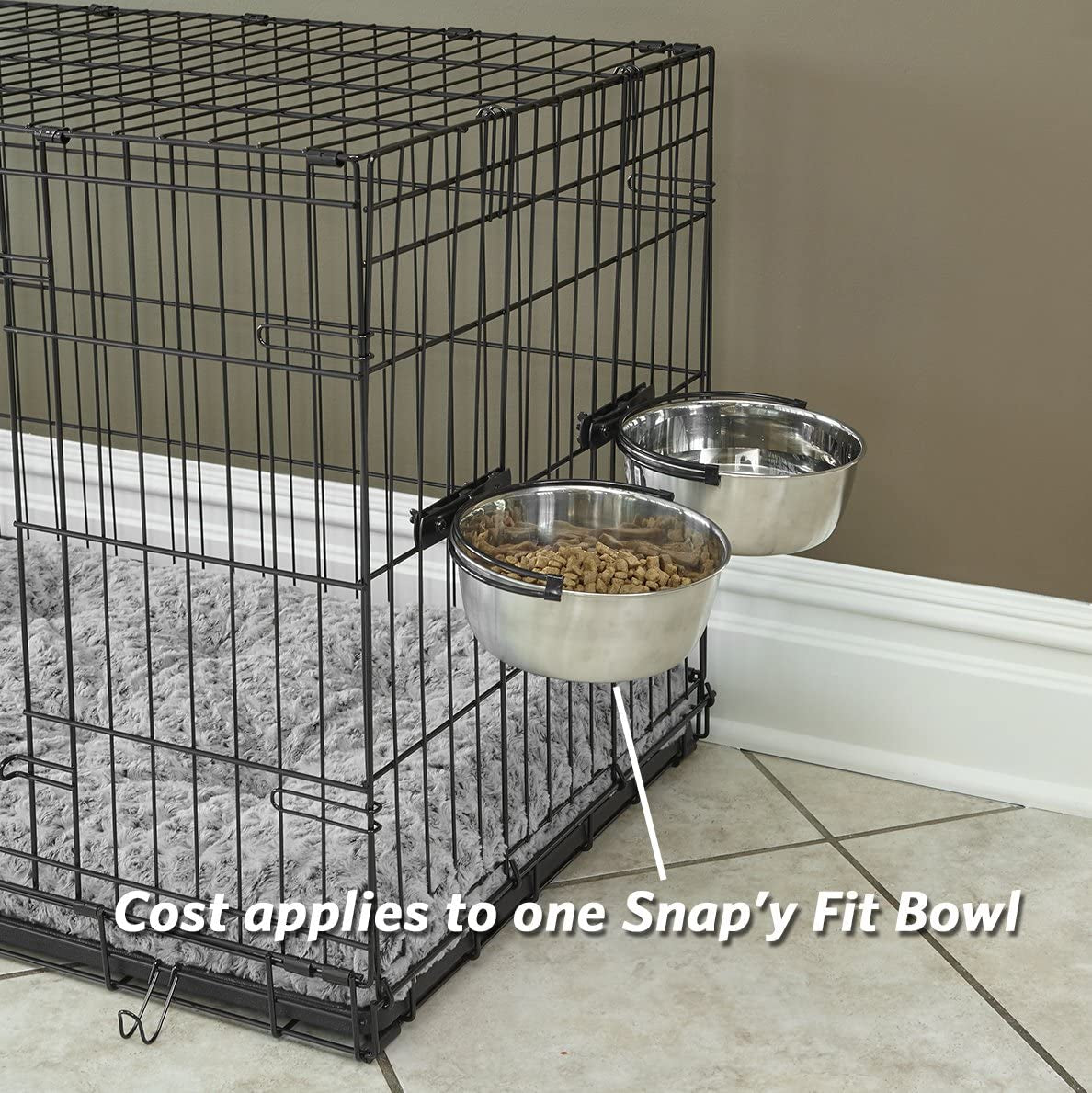Snap'Y Fit Stainless Steel Food or Water Bowl, Holds 1 Quart, Mounts to Wire Crates, No-Tip Design, Rust-Resistant, for Dogs and Cats