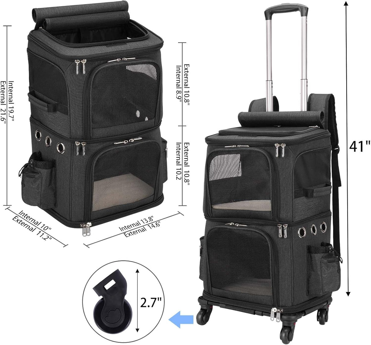 Double-Compartment Cat Carrier Backpack with Wheels for Two Pets