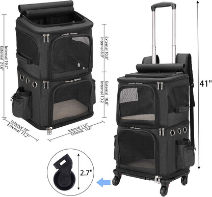 Double-Compartment Cat Carrier Backpack with Wheels for Two Pets