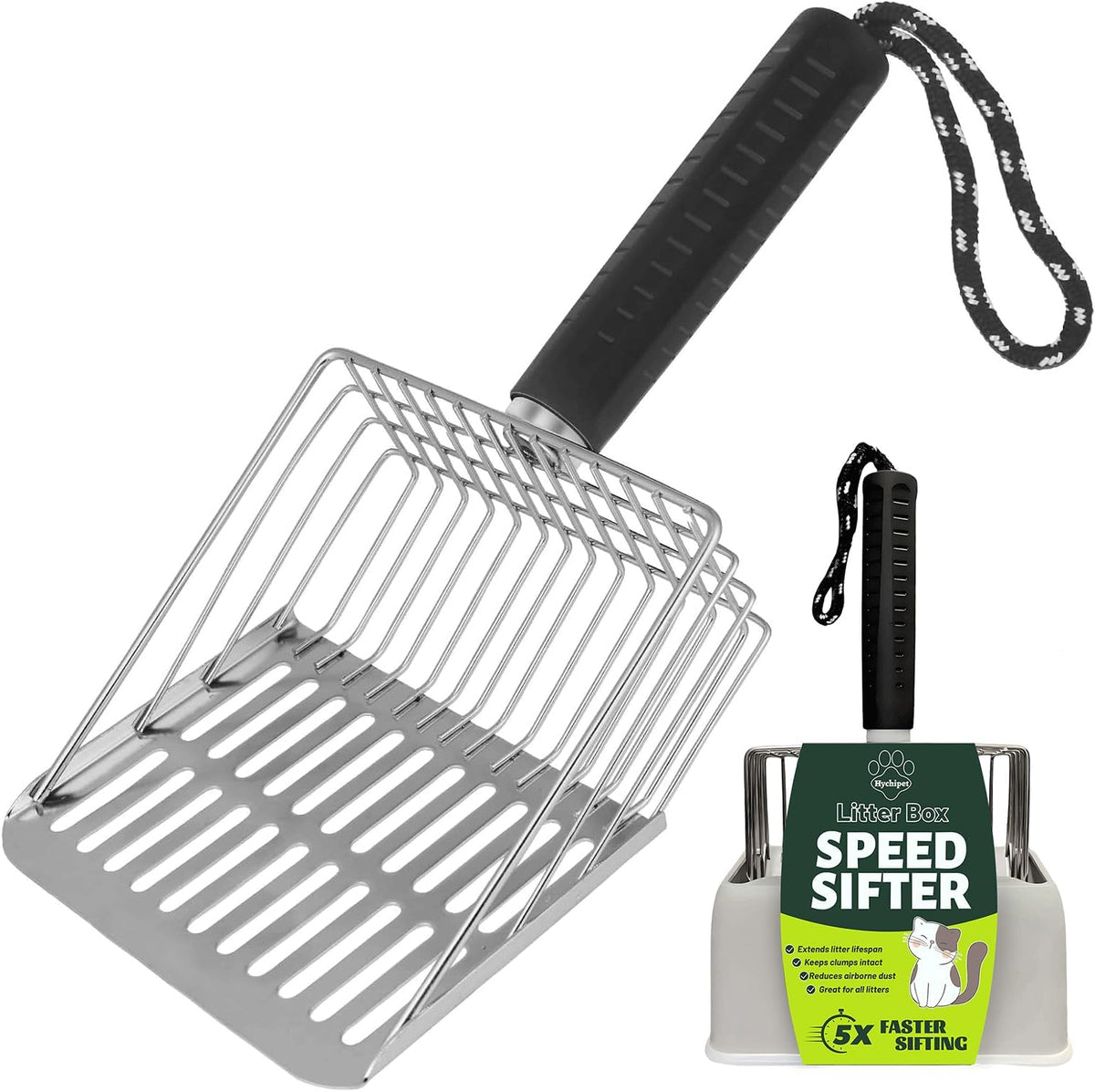 [2026 Version] 304 Stainless Steel Cat Litter Scooper with Holder, Efficient Metal Cat Litter Scoop，Heavy Cat Pooper Scooper, Kitty Litter Box Scooper-Perfect Cat Scooper for Litter Box Cleaning