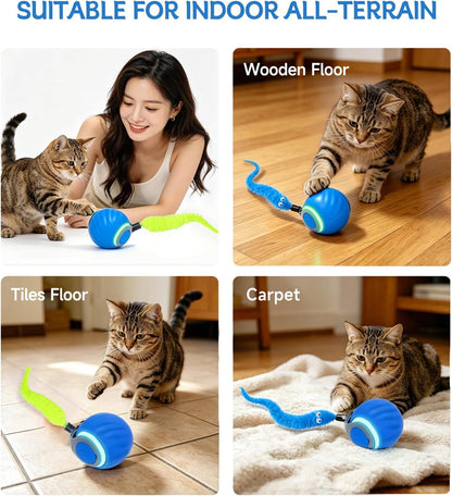 Interactive Cat Toy Ball - Automatic Moving Cat Ball for Indoor Cats with 3 Tails, Rechargeable Silent Kitten Toy for Boredom & Exercise, Rolling Ball Toy with 2 Modes & 2 Speeds.