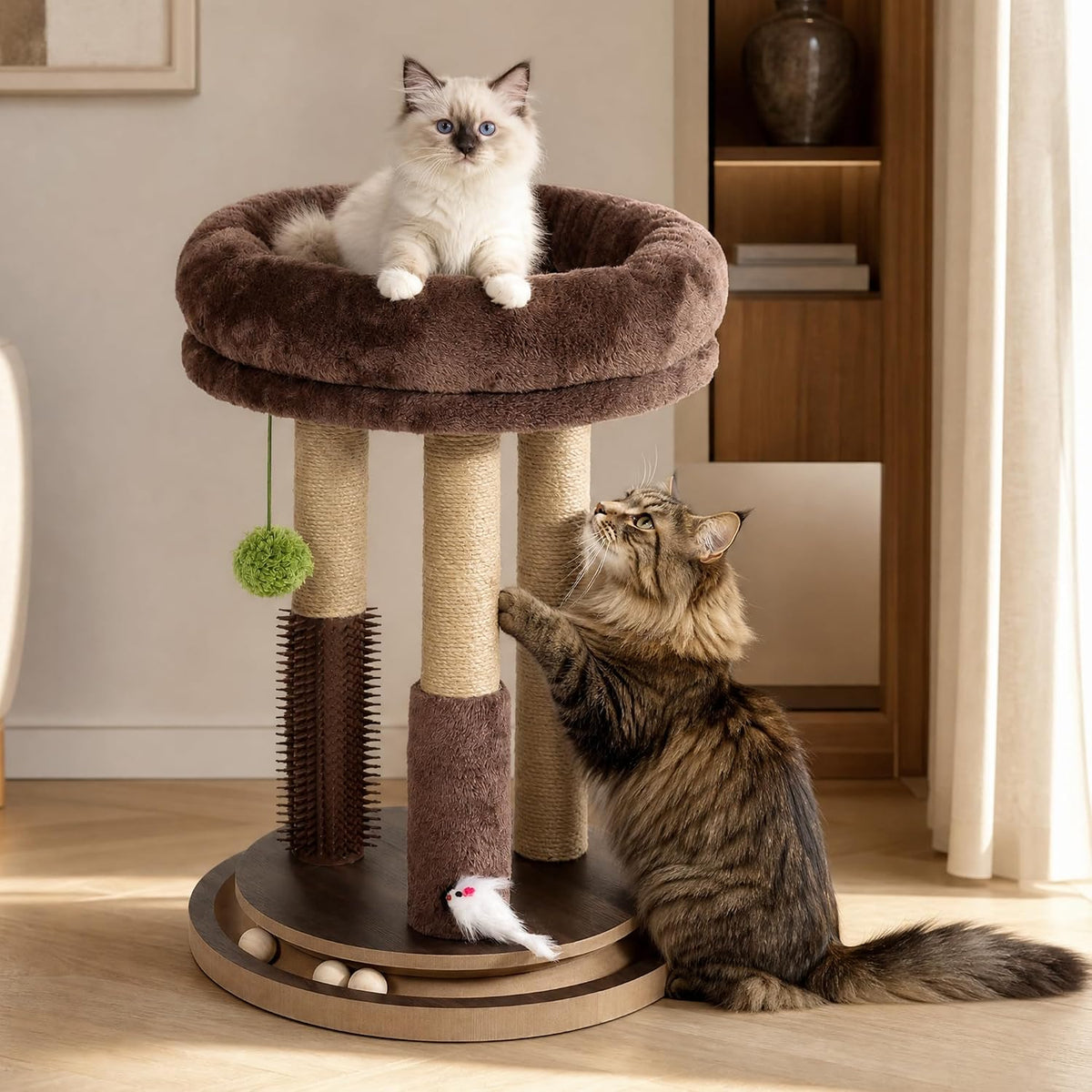 22" Cat Scratching Post with Tower Soft Bed, Heavy-Duty Wood Base