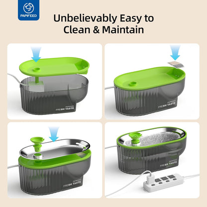Cat Water Fountain Stainless Steel with a Silicone Mat, 84Oz/2.5L Automatic Pet Water Fountain with LED Water Level Window, Quiet Low Power Cat Water Bowl & Cat Water Dispenser (Green)