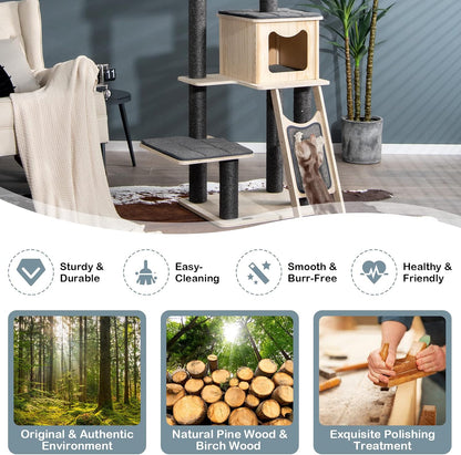 69-Inch Tall Wooden Cat Tree Tower, Modern Cat Activity Center Tree with Sisal Scratching Posts & Board, Condo & Top Perch for Indoor Cats, Grey