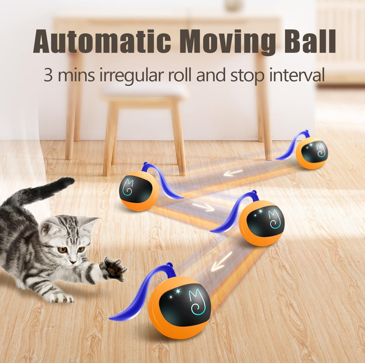 Interactive Cat Ball Toy Set, Fun Tracker, Automatic Rolling Chase Ball with Fluffy Tail, a Small Mice, Rechargeable (Orange)