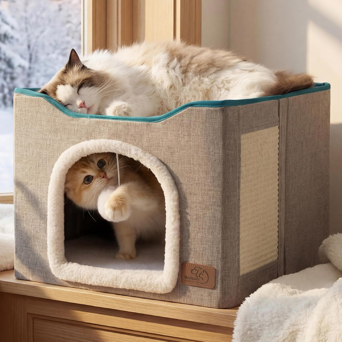 Cat House Bed for Indoor Cats with Fluffy Ball and Scratch Pad,Grey
