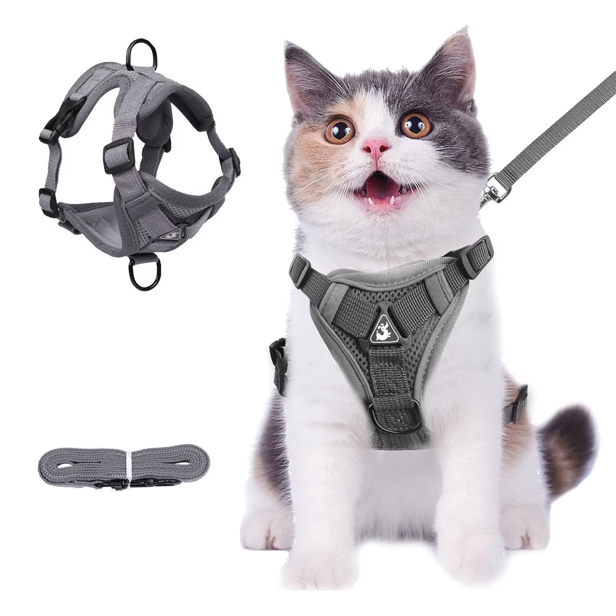 Cat Harness and Leash Set for Walking, Escape Proof Soft Adjustable Vest Harnesses with Reflective Strips for Cat and Puppy, Gray, M
