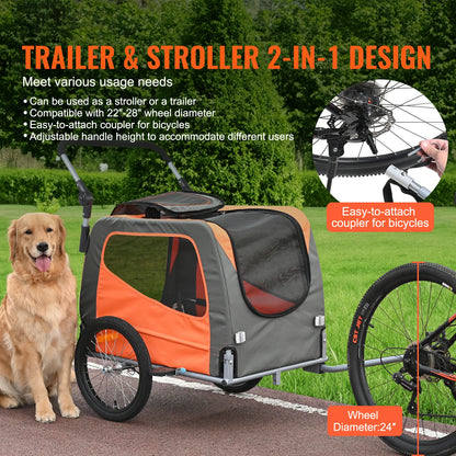 2-in-1 Dog Bike Trailer and Stroller - up to 66 lbs, Orange/Gray