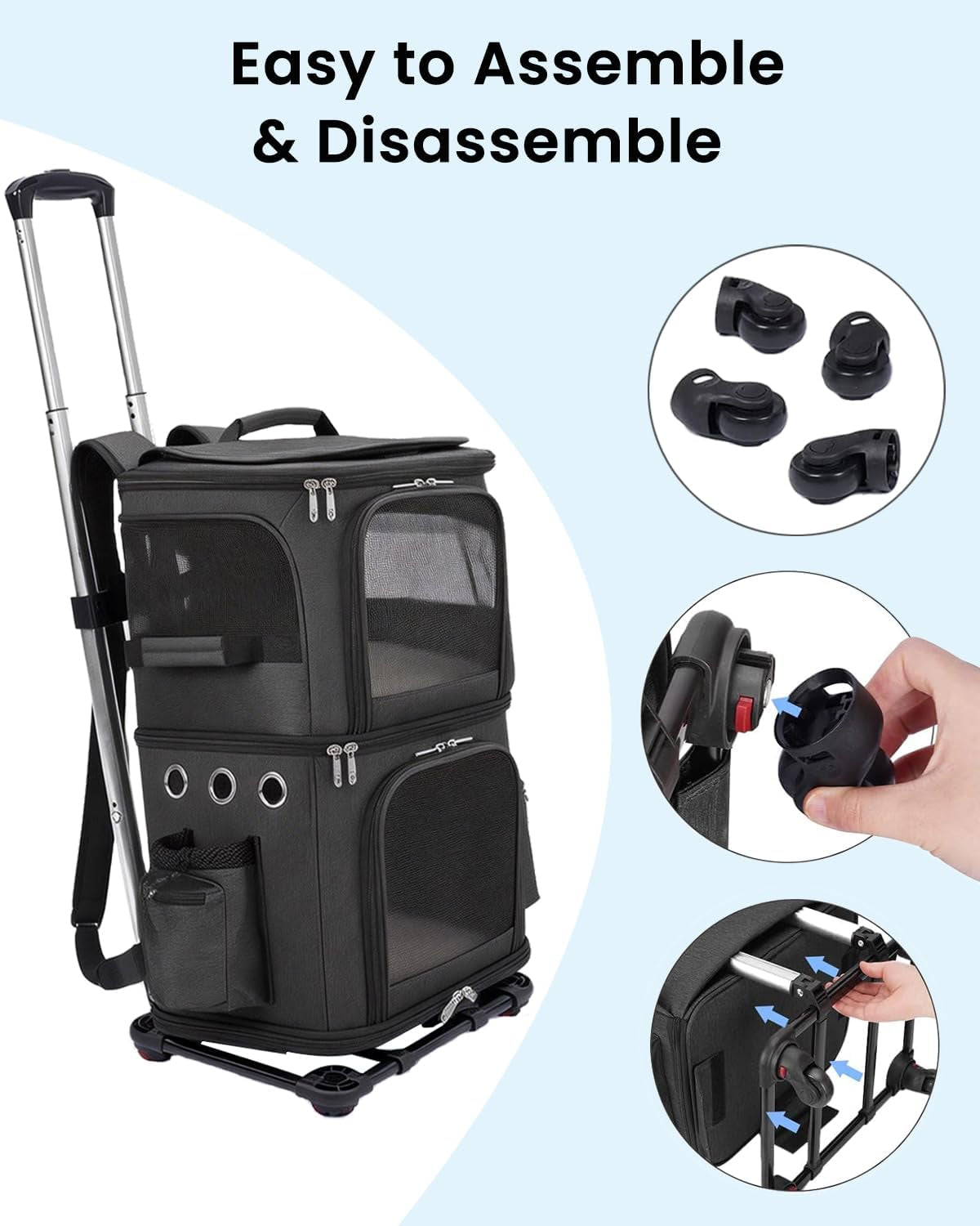 Double-Compartment Cat Carrier Backpack with Wheels for Two Pets