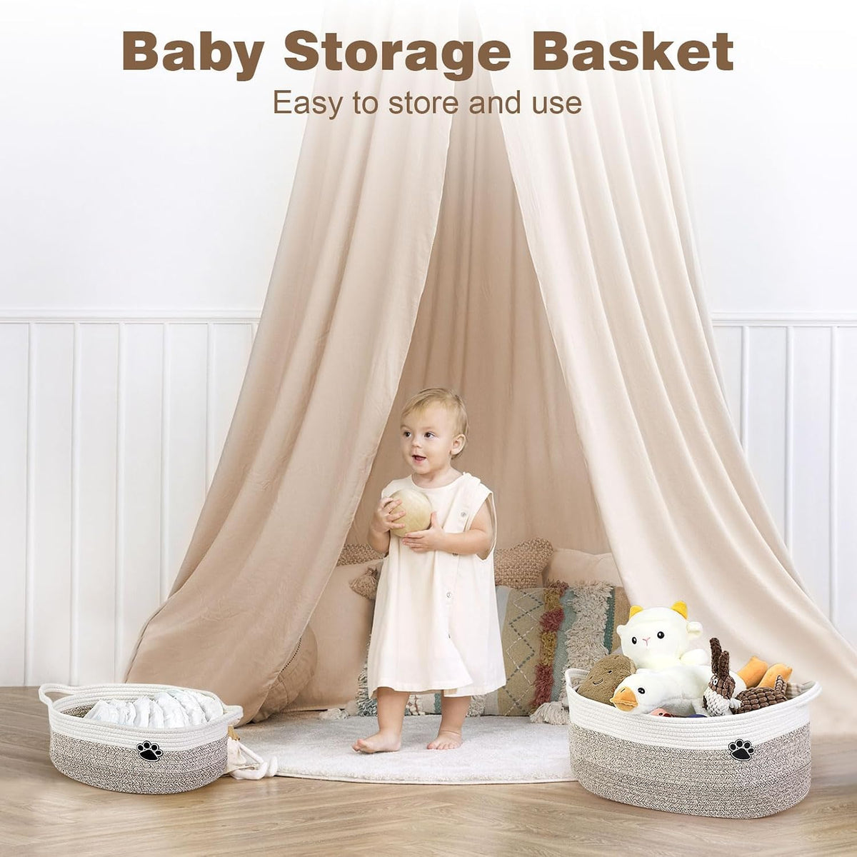 Dog Toy Basket, 30L Toy Box and Bin for Dog Cat Storage, 19.7" X 11" X 7.9" Large Woven Rope Basket for Blanket Storage, Living Room, Bedroom, White & Brown