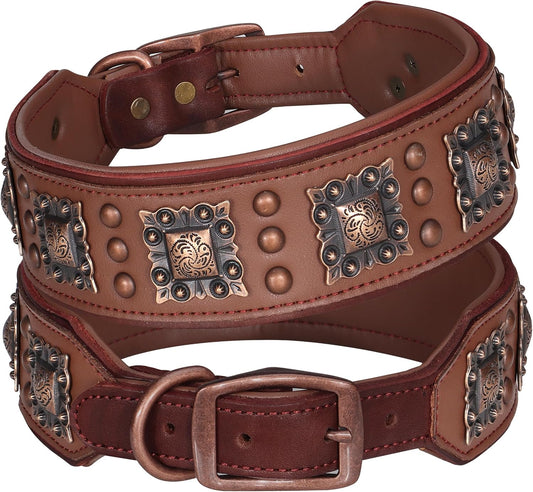 Genuine Leather Dog Collar, 2 Inch Wide, Brown,Neck 16-19"