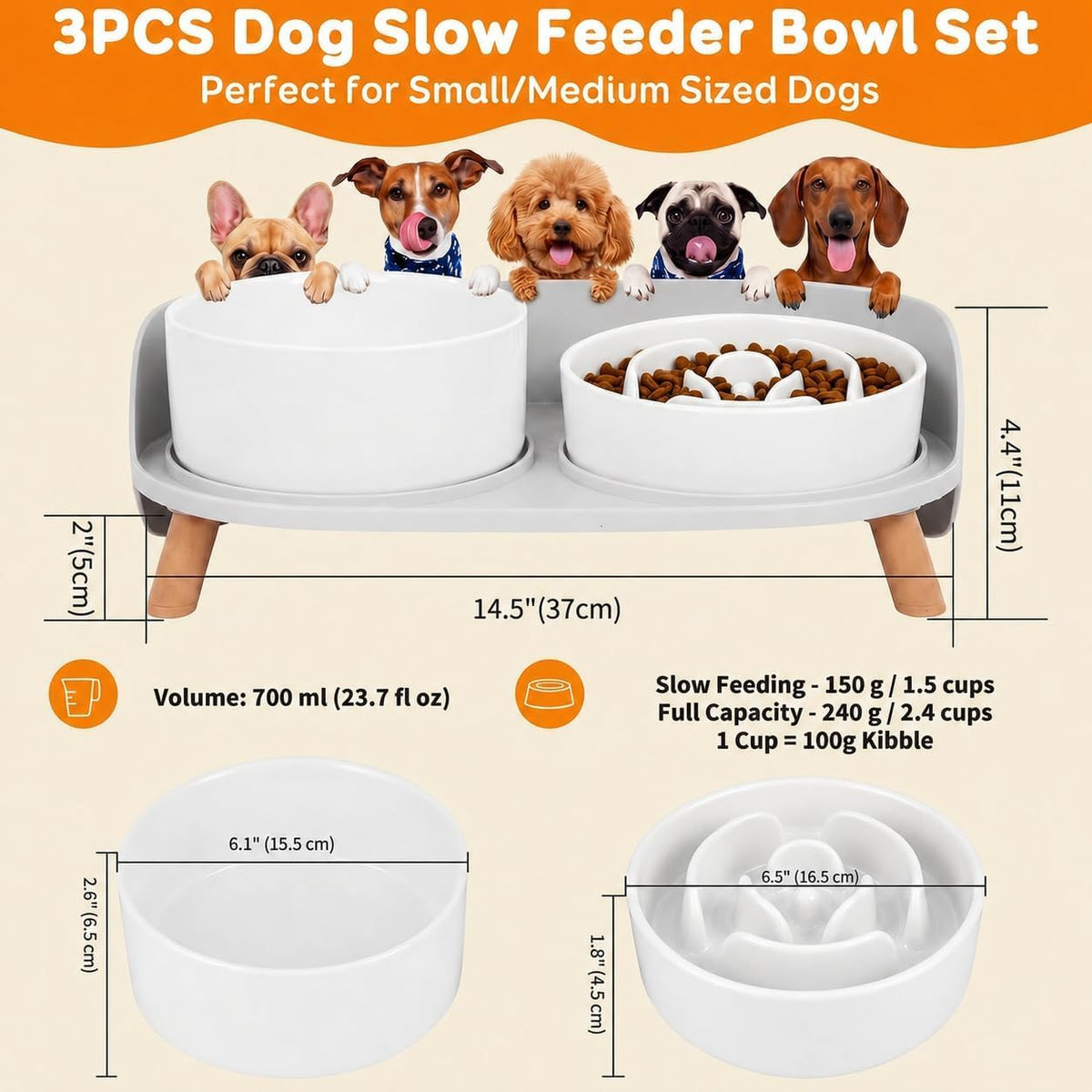 Elevated Slow Feeder Dog Bowls with Splash Proof Stand, Slow Eating 5X