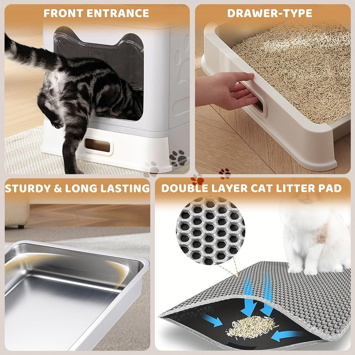Enclosed Cat Litter Box with Lid Top Exit Covered Metal Stainless Steel Litter Box Leak Proof & Odorless Easy to Clean Including Cat Litter Scoop and Litter Mat