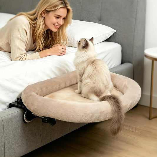Heavy Duty Steel Frame 180°Rotating Cat Bedside Bed Semi-Circular Cat Bed for Bedside, Soft Faux Rabbit Fur Material, Suitable for Various Desktops-Maximum Hold up to 40Lb
