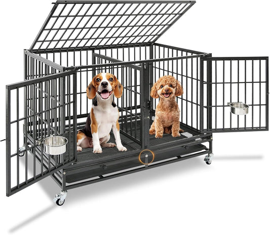 43" Double Dog Crate, Heavy Duty Stackable Kennel with Divider