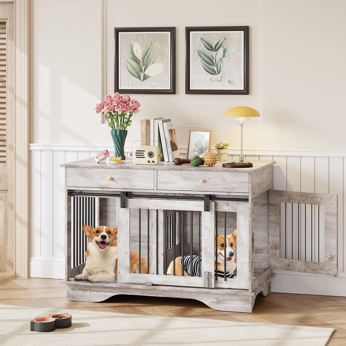 Dog Crate Furniture 2 Dogs, 47" Double Dog Kennel with Removable Divider