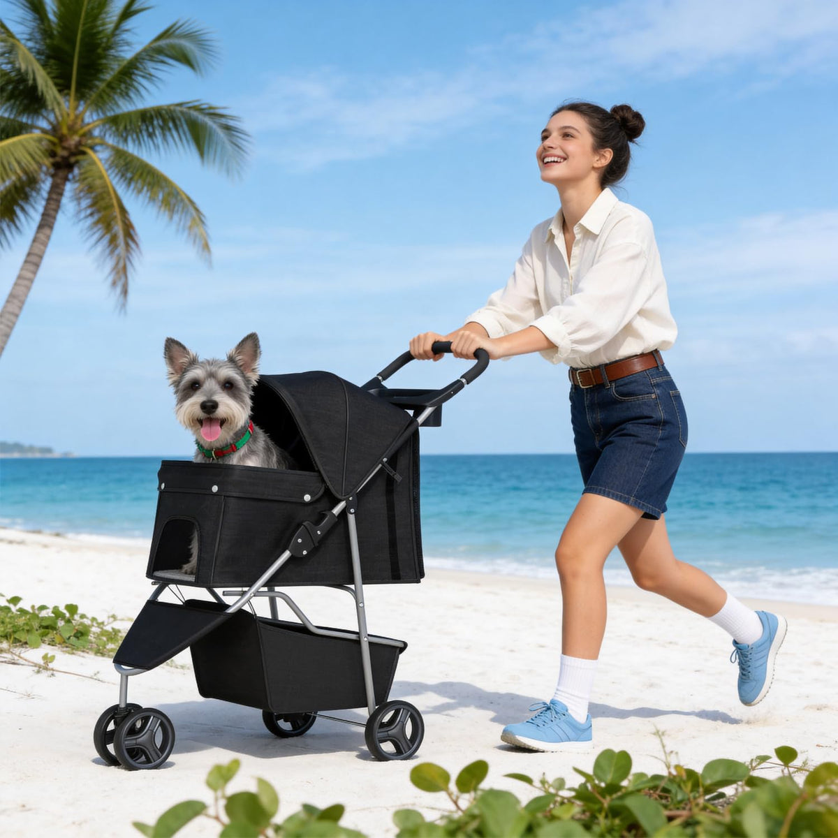 | 3-Wheel Pet Stroller | Dog and Cat Stroller | Breathable Mesh | Lightweight Travel Carrier | Waterproof & Foldable Design | Storage Basket | Black | for Daily Walks & Outdoor Use